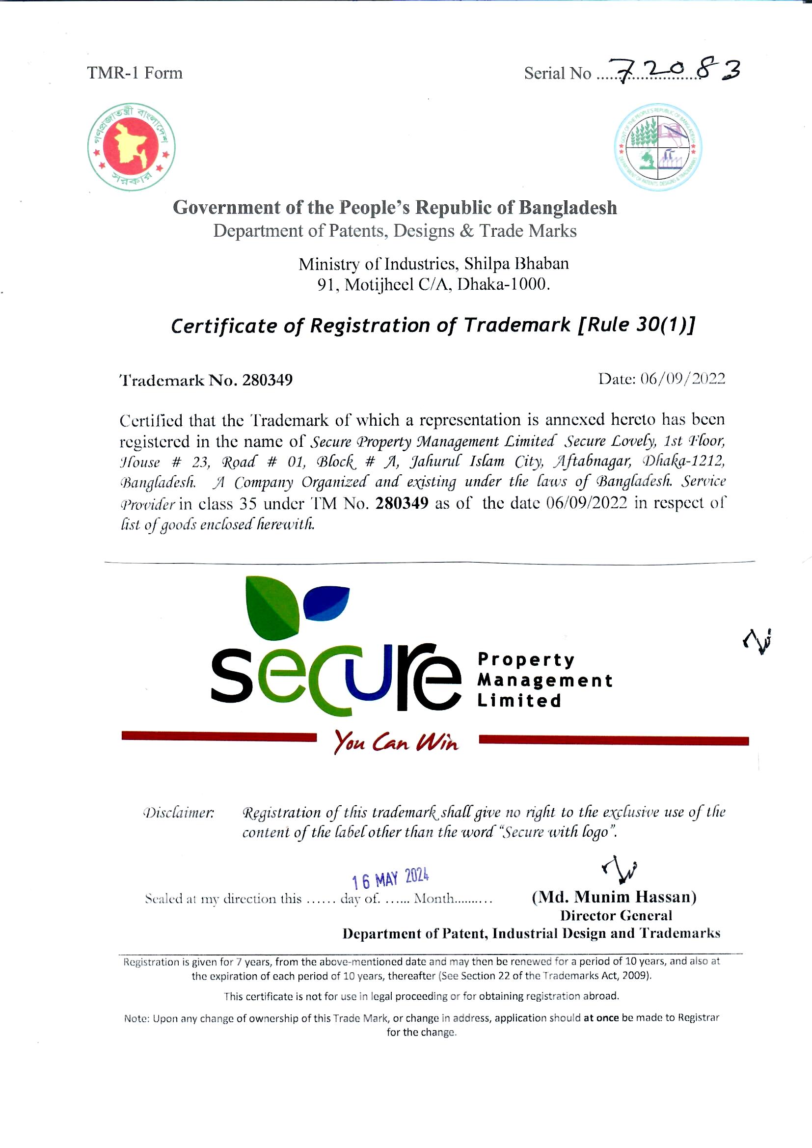  Secure Property Management Limited Trademark (Logo) Has Officially Registered. 